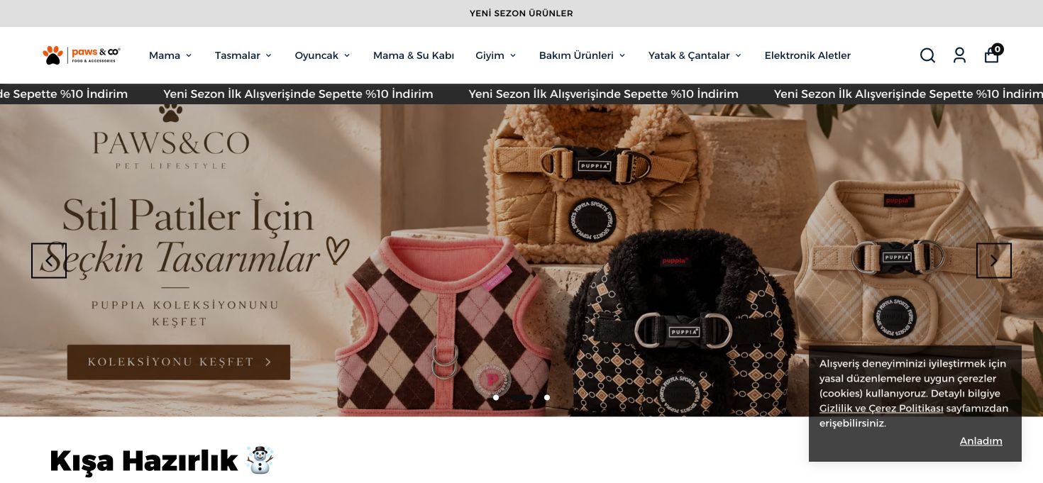 Paws Store web sitesinin gerçek arayüzü